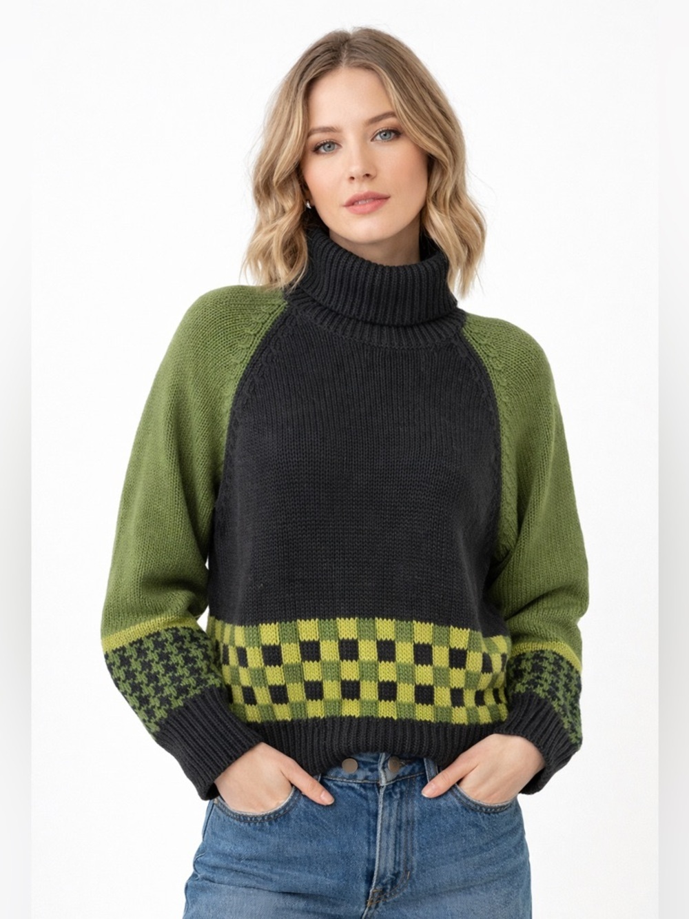 Anne Mieke New York Colorblock Turtleneck Sweater 100% cotton  VTG retro style/S